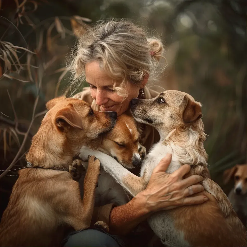 Animal shelter volunteer caring for rescued dogs in a peaceful setting. - Image 1