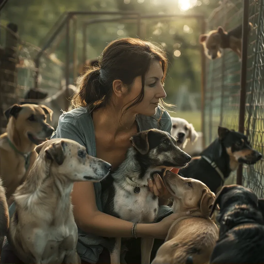 Animal shelter volunteer caring for rescued dogs in a peaceful setting. - Image 2