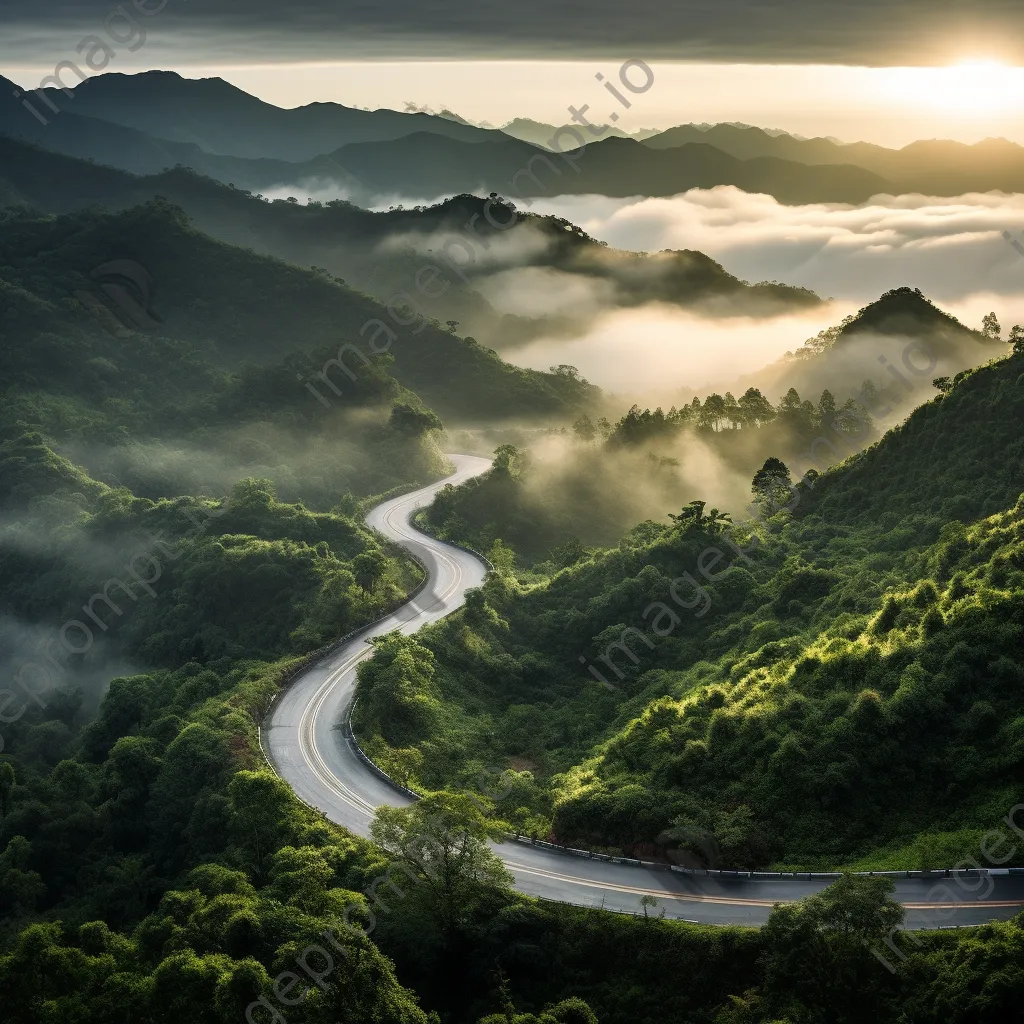 Misty mountain pass with winding road at sunrise - Image 1