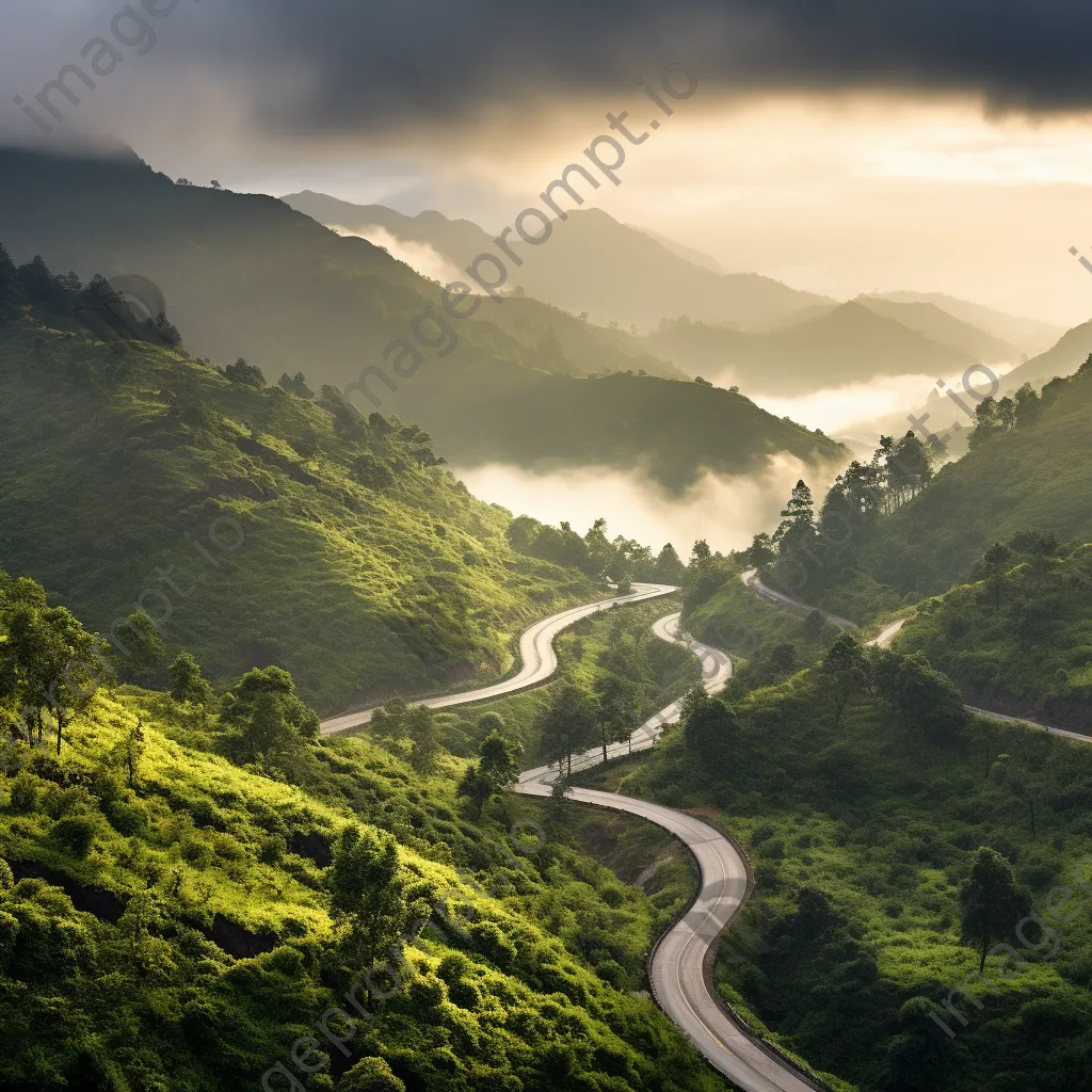 Misty mountain pass with winding road at sunrise - Image 2