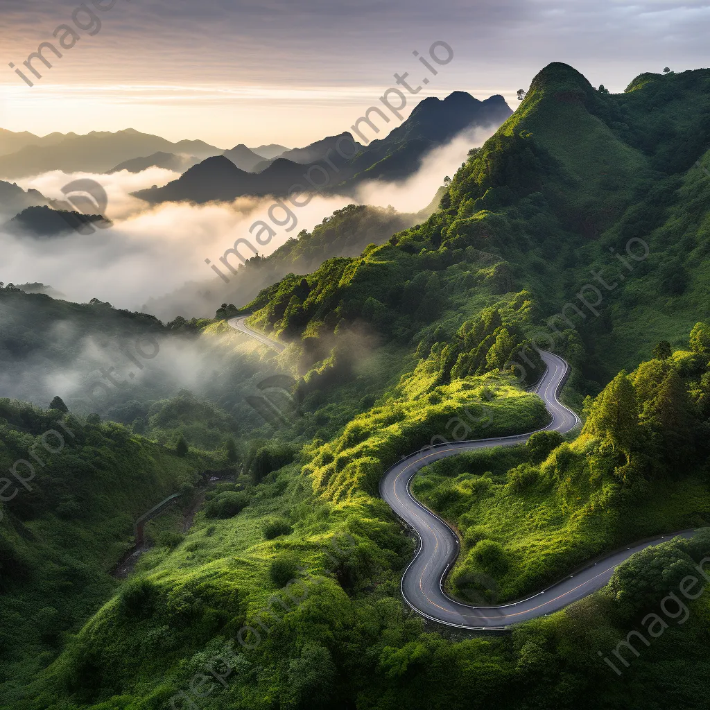 Misty mountain pass with winding road at sunrise - Image 3