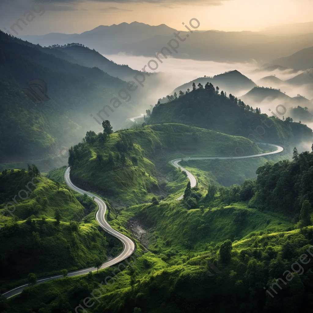 Misty mountain pass with winding road at sunrise - Image 4