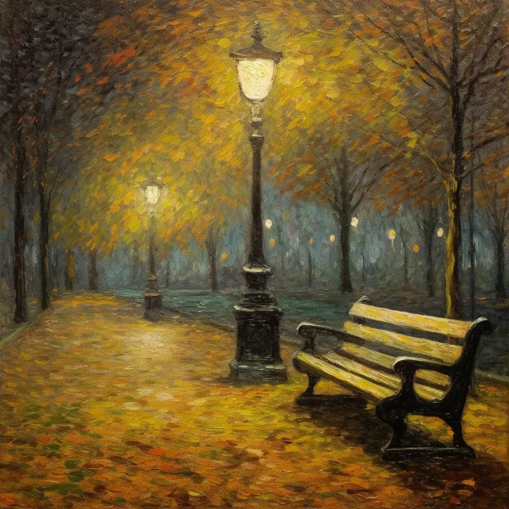 Quiet park at night with street lamps, bench, and autumn leaves - Image 2