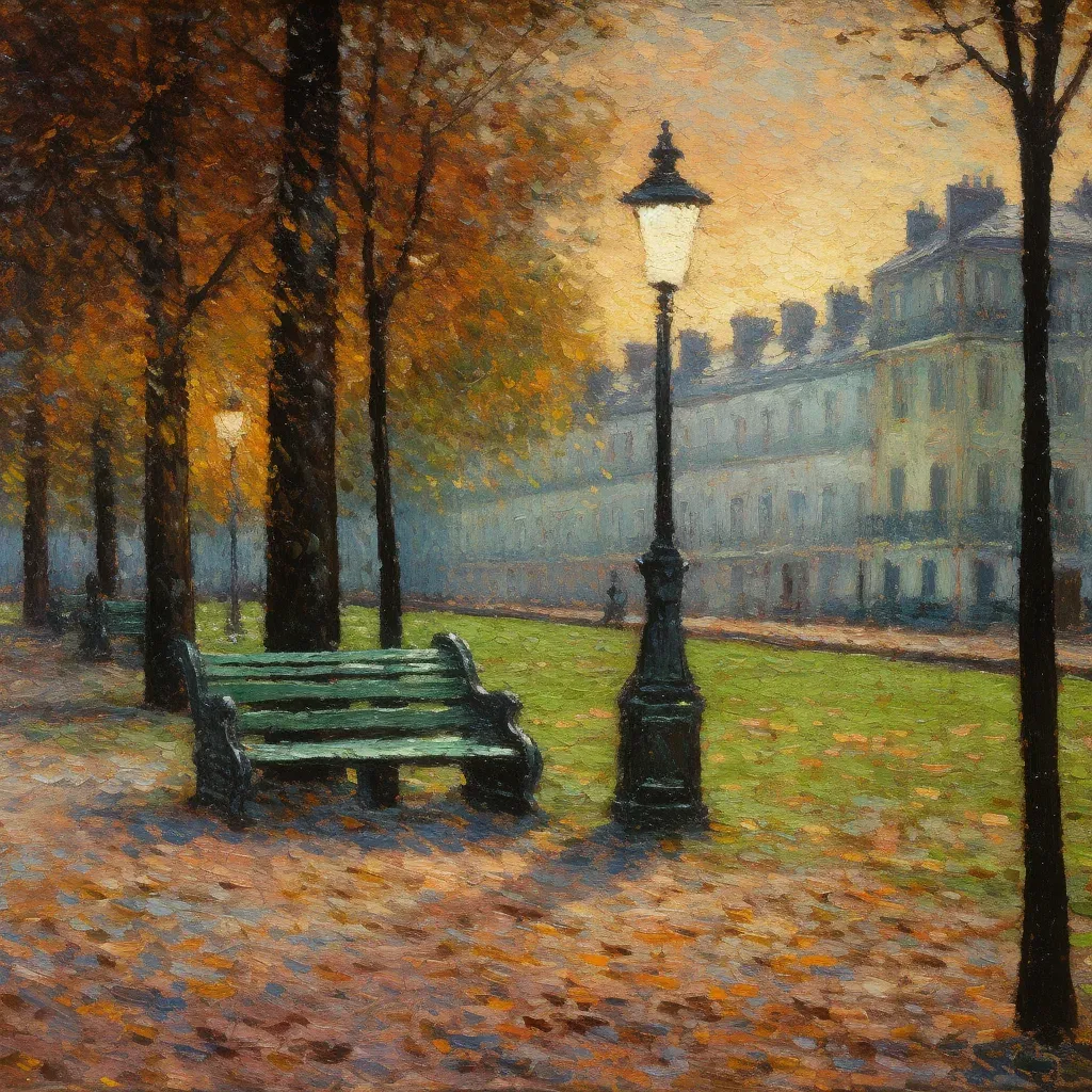 Quiet park at night with street lamps, bench, and autumn leaves - Image 3