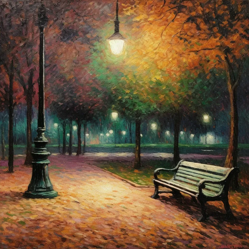 Quiet Park under Street Lamps with Autumn Leaves