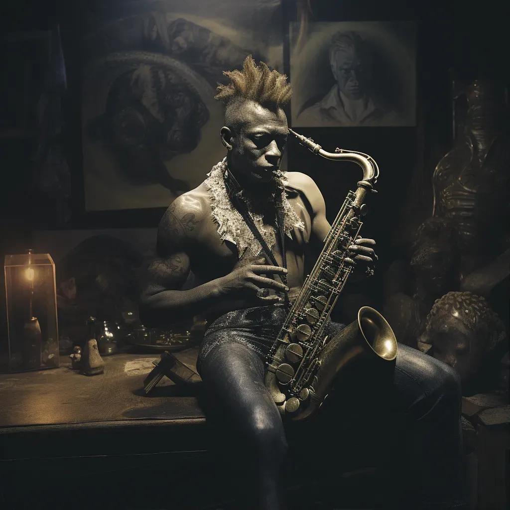 Muscular man with a Mohawk playing a saxophone on a dimly lit jazz club stage - Image 1