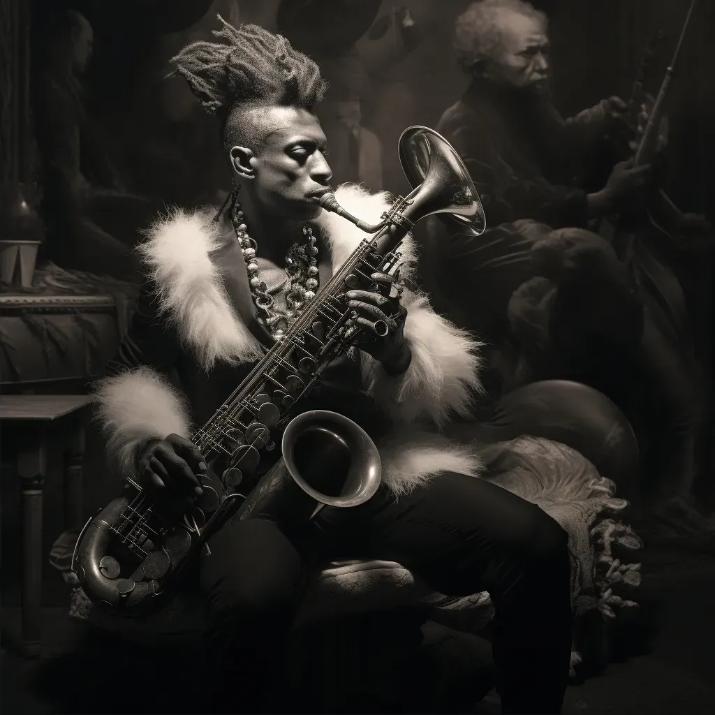 Muscular man with a Mohawk playing a saxophone on a dimly lit jazz club stage - Image 2