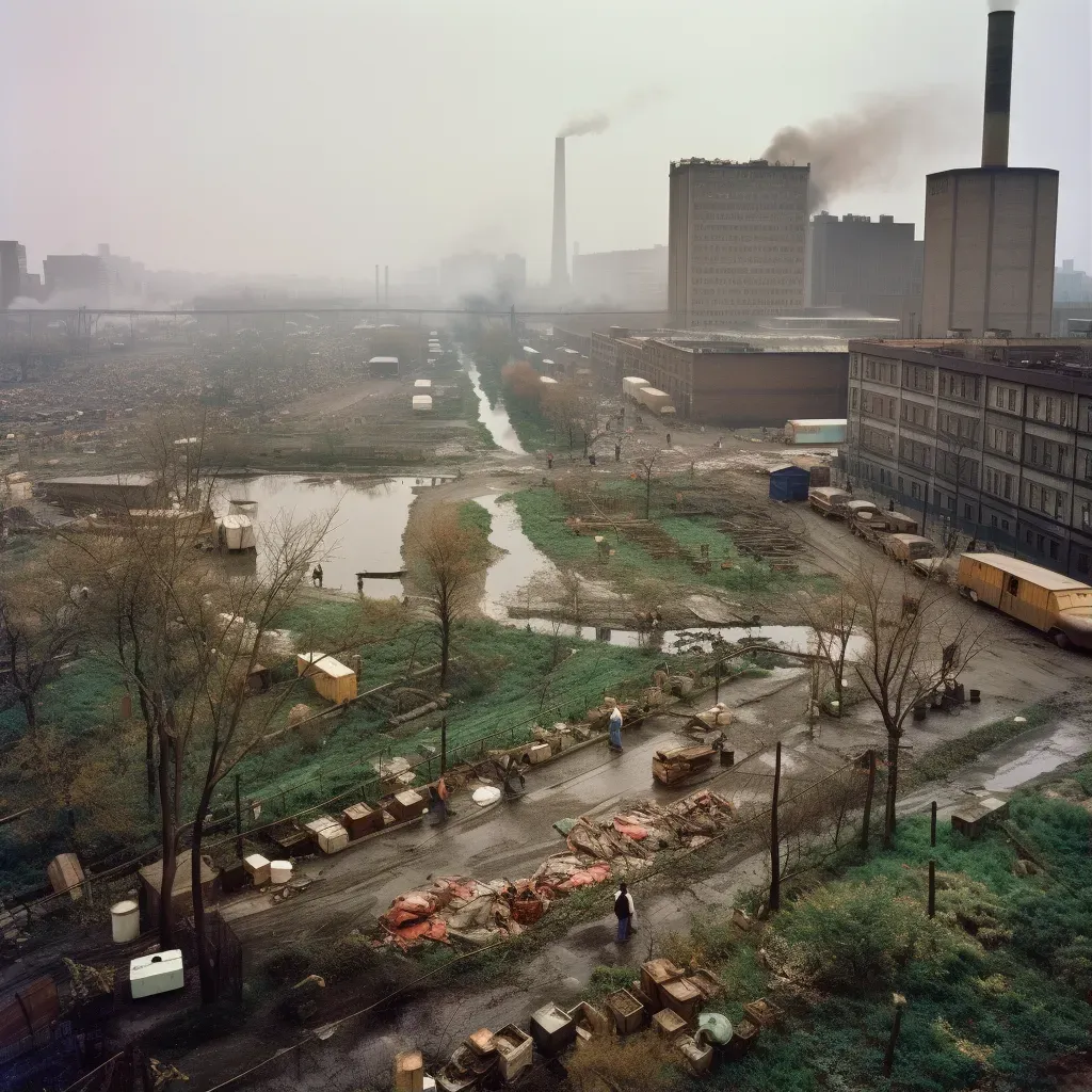 Chaotic industrial area contrasted with green city park - Image 1