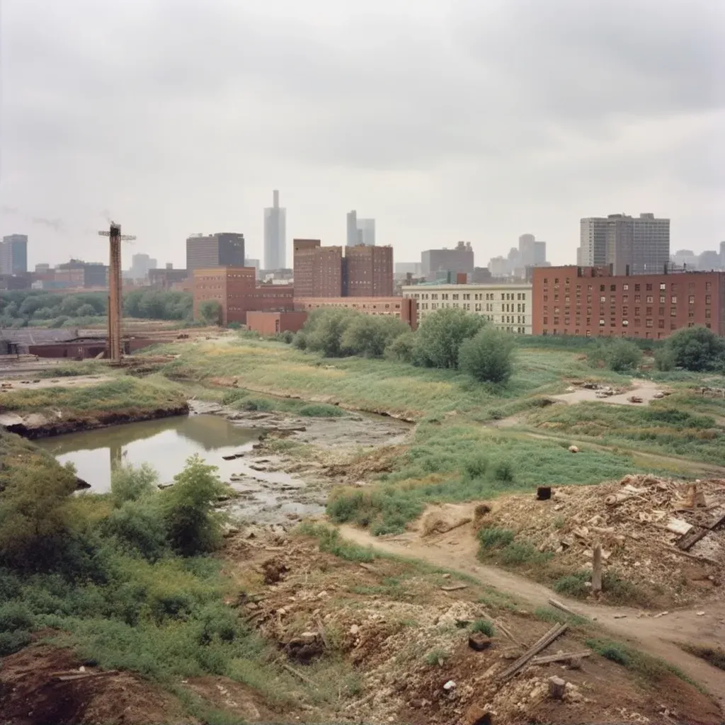 Chaotic industrial area contrasted with green city park - Image 2