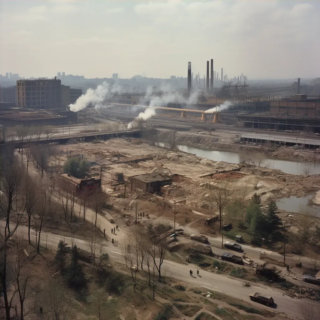 Chaotic industrial area contrasted with green city park - Image 4