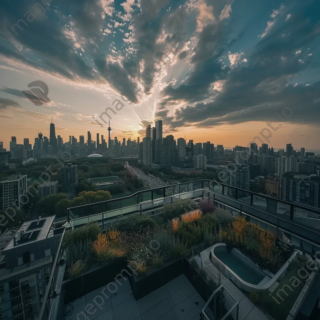 View from rooftop garden overlooking futuristic city skyline - Image 2