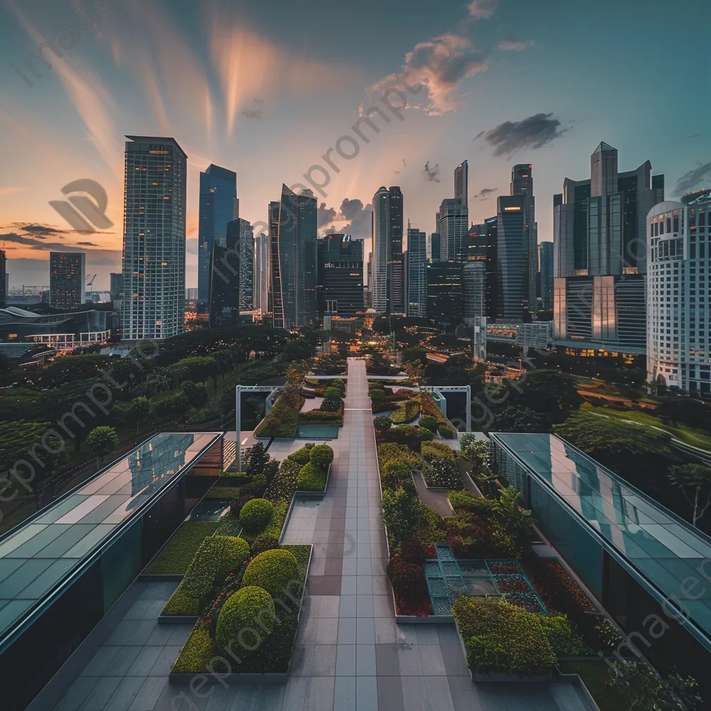 View from rooftop garden overlooking futuristic city skyline - Image 3