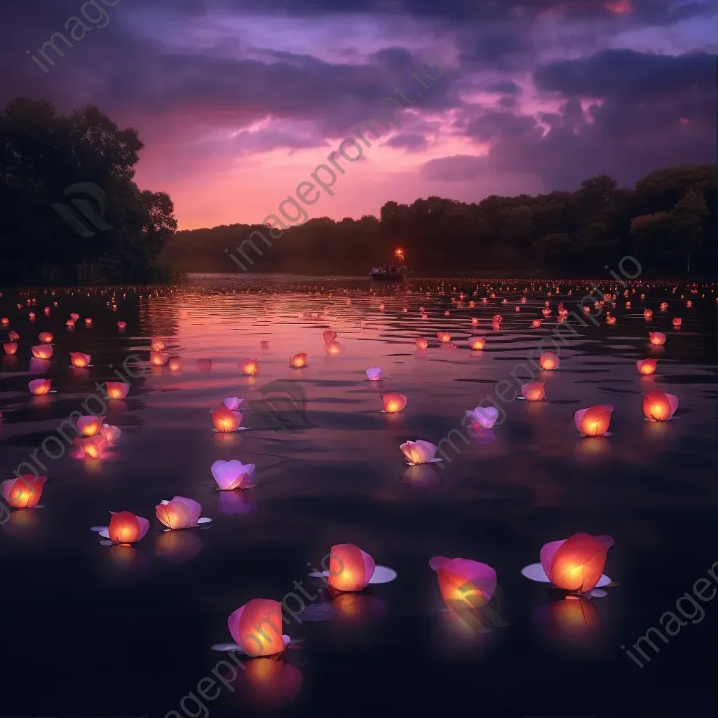 Twilight sky with paper lanterns over a tranquil lake - Image 1