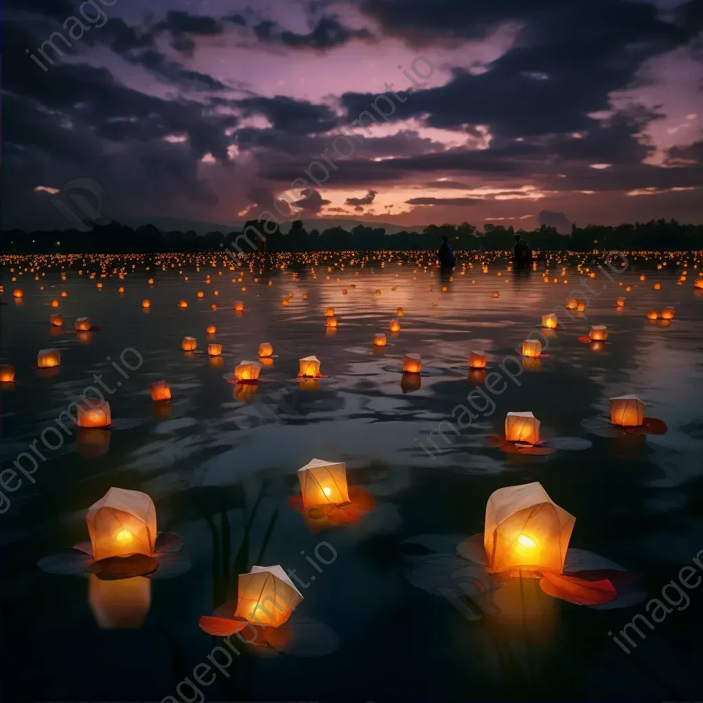 Twilight sky with paper lanterns over a tranquil lake - Image 2