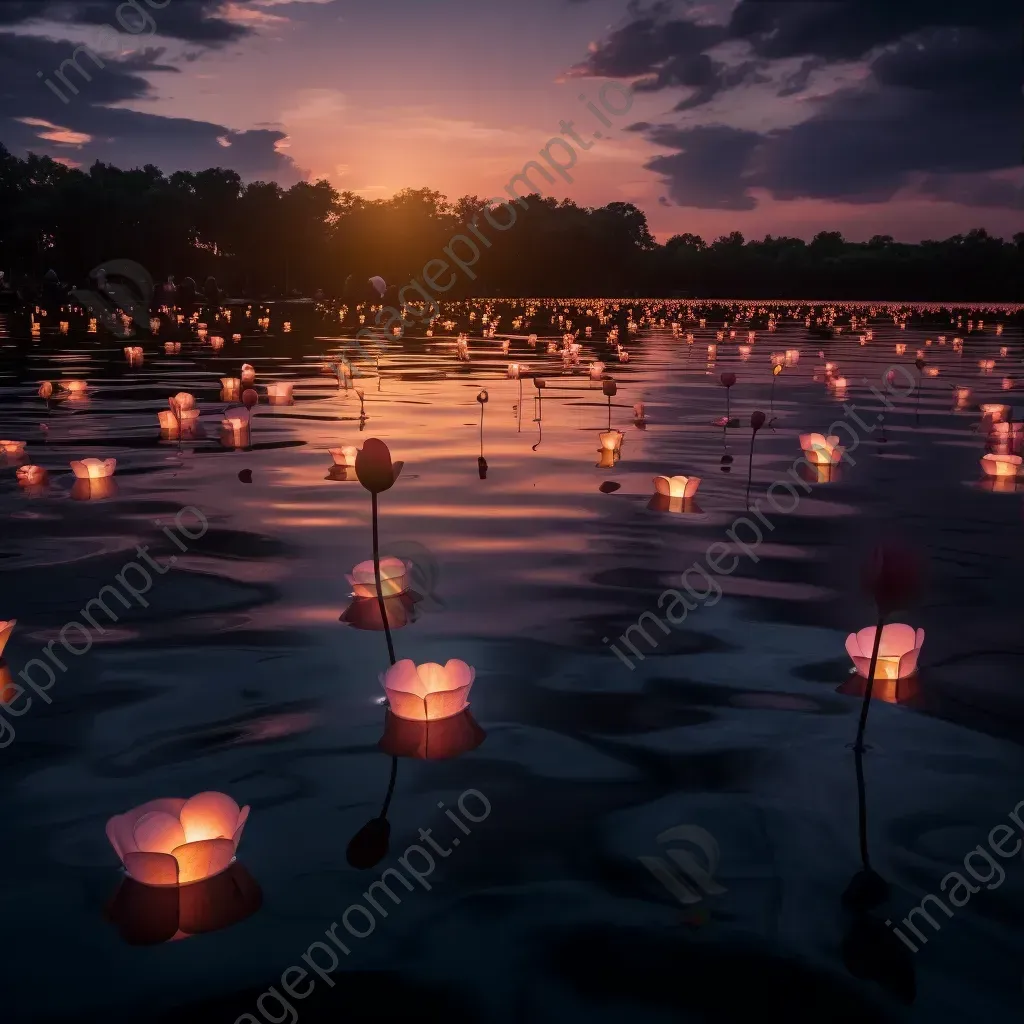 Twilight sky with paper lanterns over a tranquil lake - Image 3