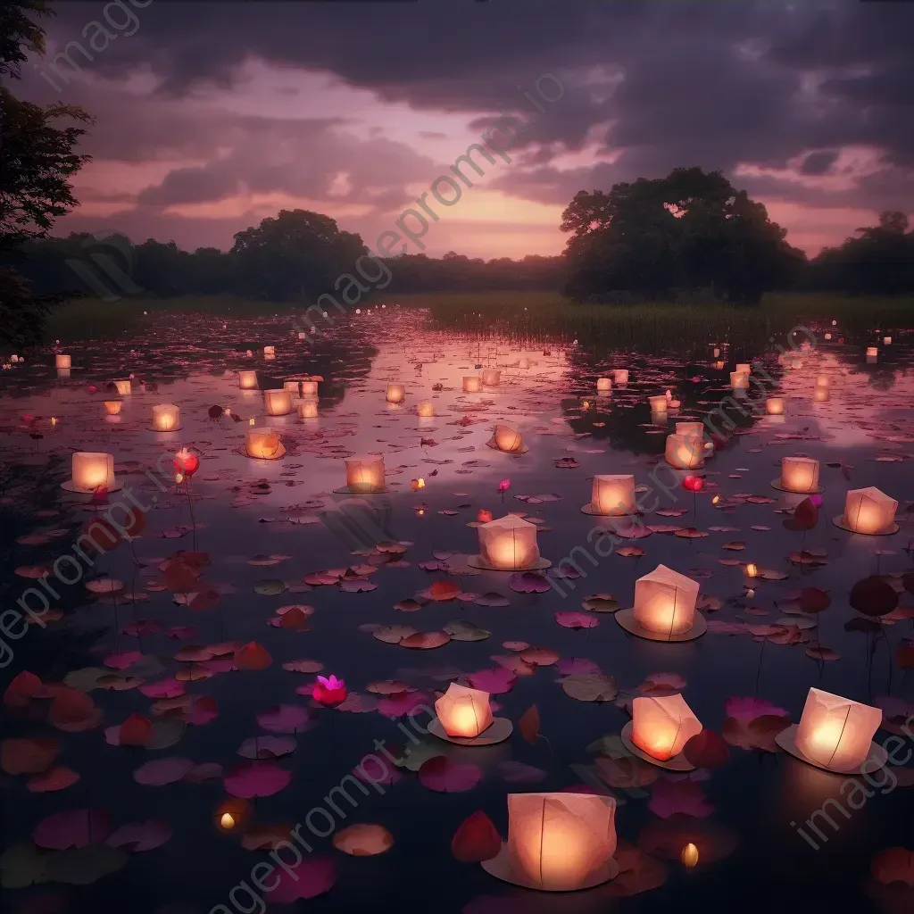 Twilight sky with paper lanterns over a tranquil lake - Image 4