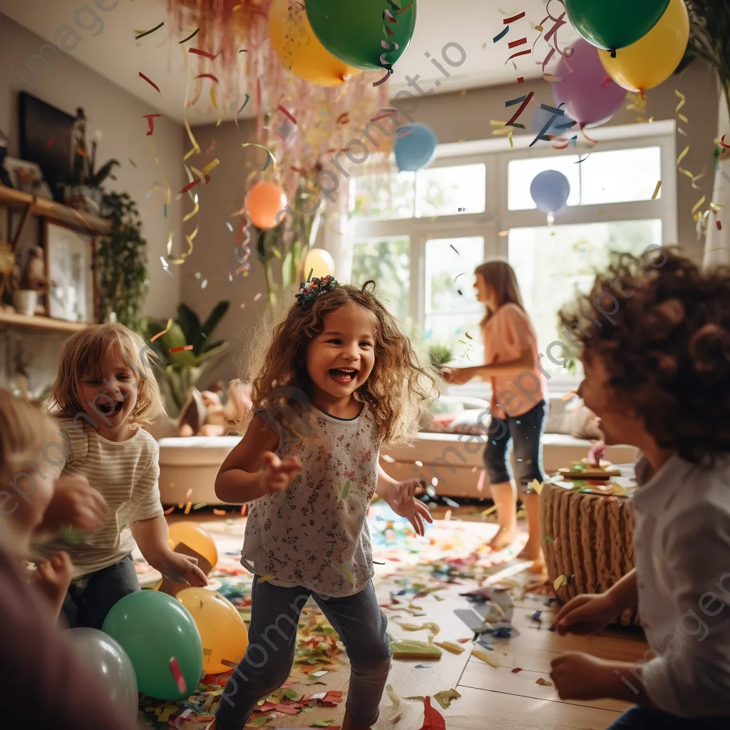 Children playing at an indoor birthday party with balloons. - Image 1