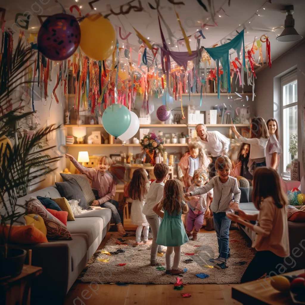 Children playing at an indoor birthday party with balloons. - Image 3