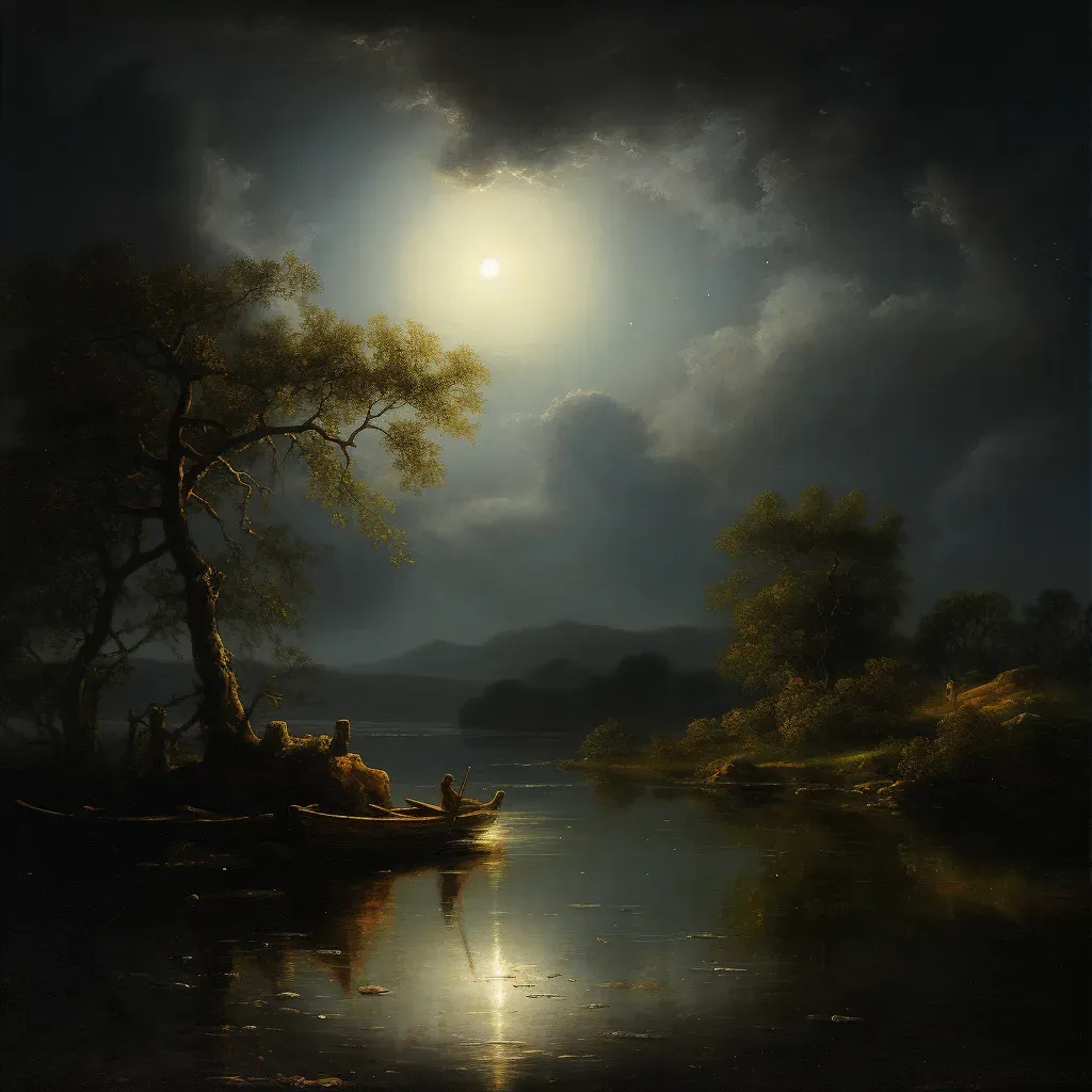 Moonlit night by the lake with wooden dock and fireflies - Image 1