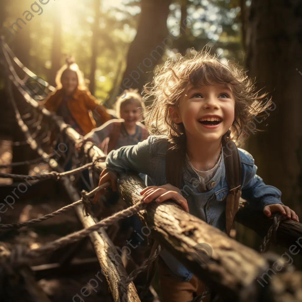 Children playing on a rope bridge in the forest - Image 1