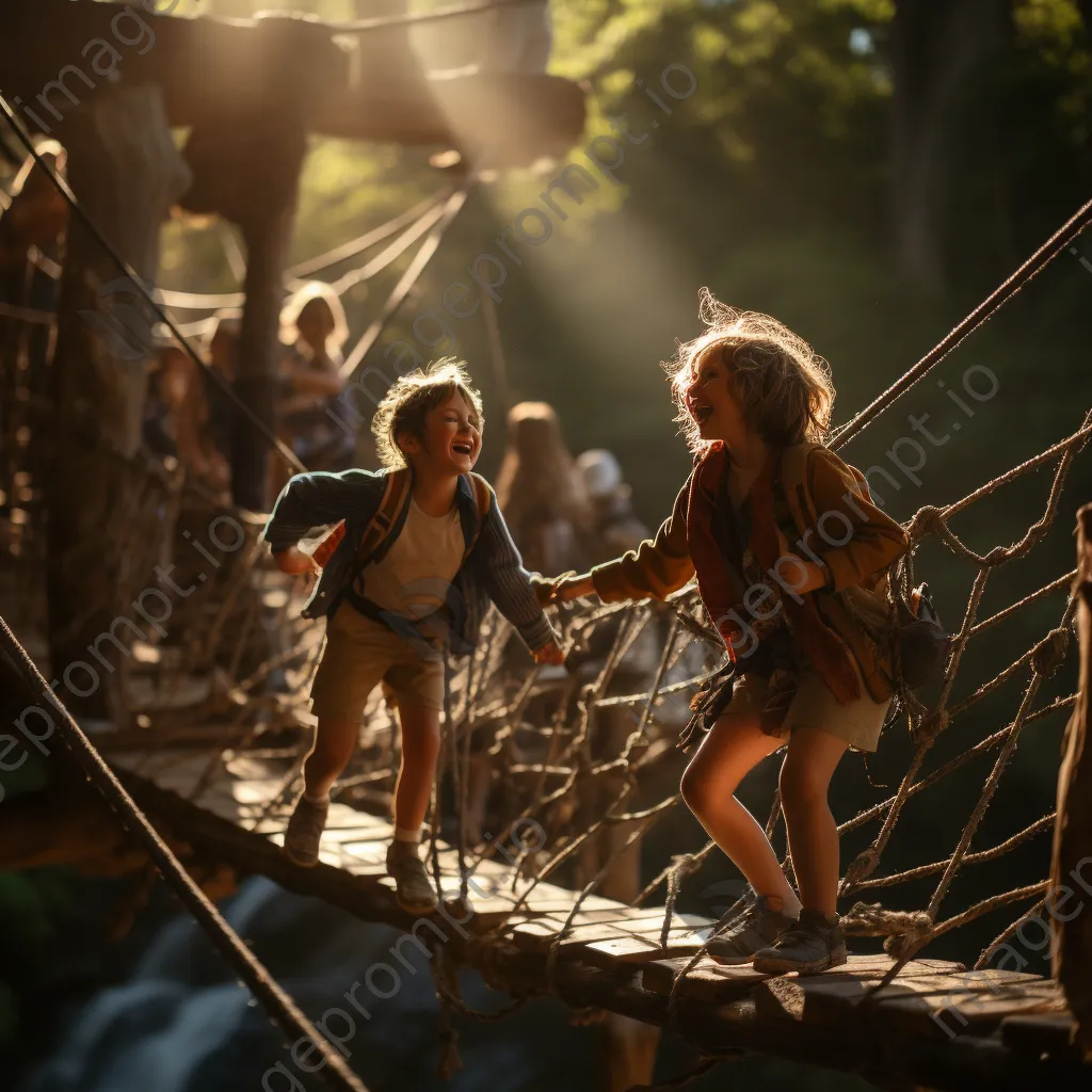 Children playing on a rope bridge in the forest - Image 2