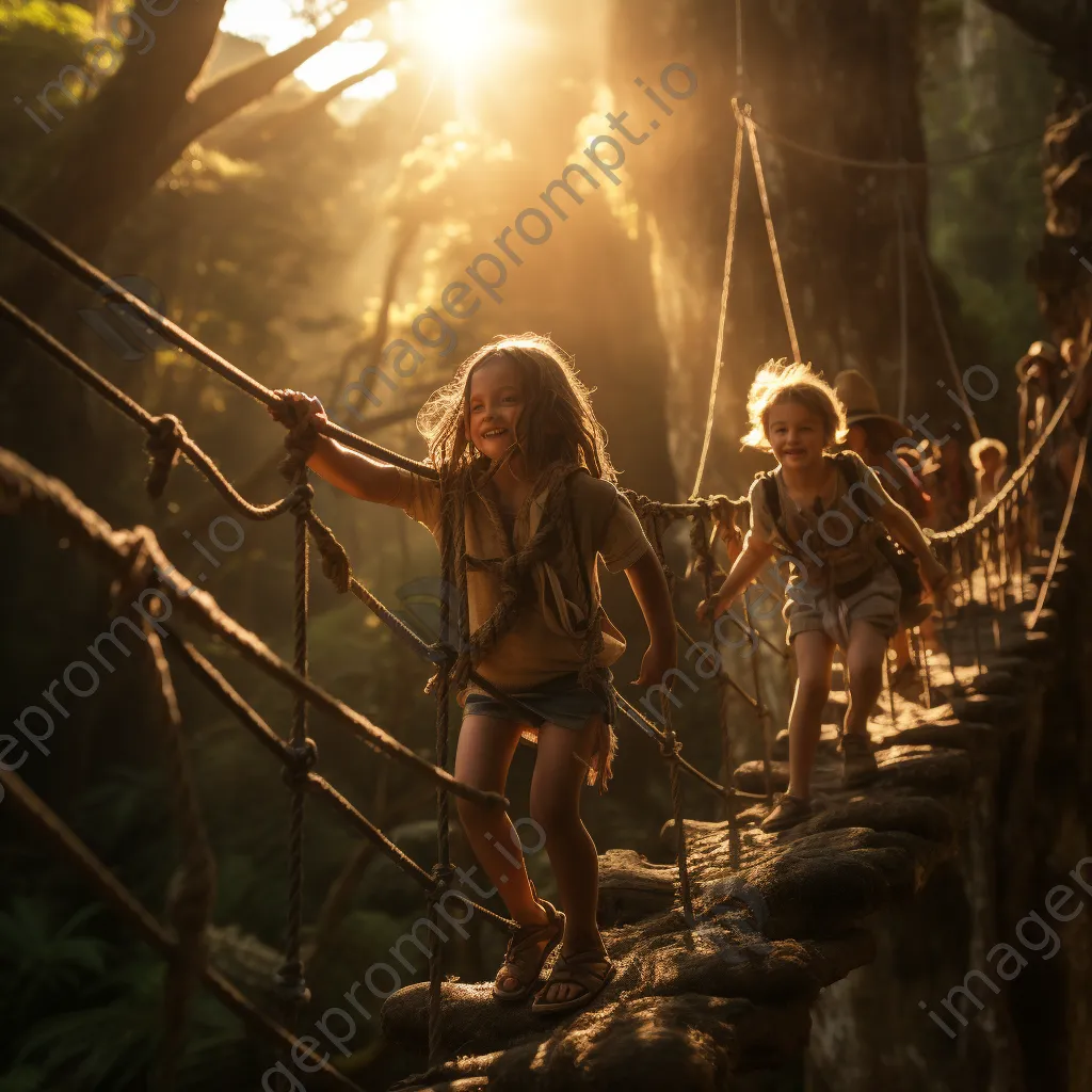 Children playing on a rope bridge in the forest - Image 3