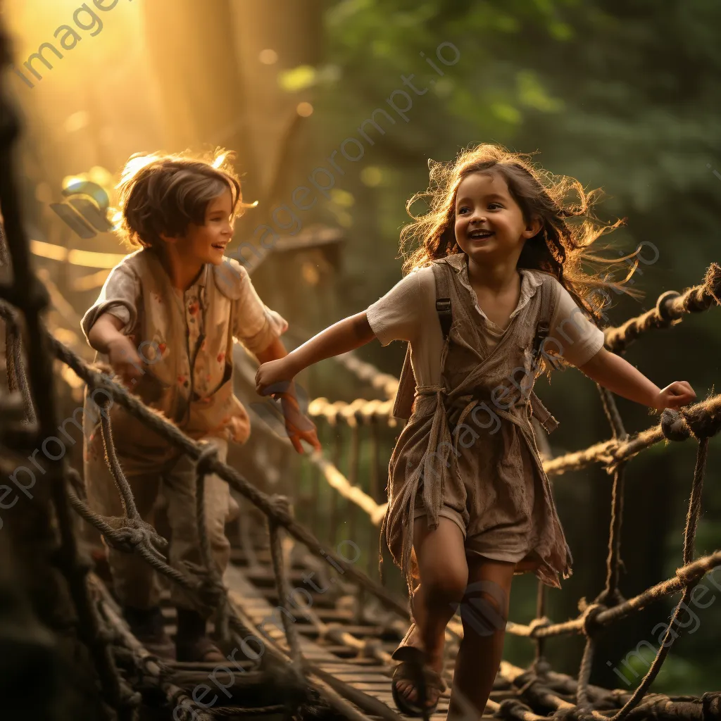 Children playing on a rope bridge in the forest - Image 4