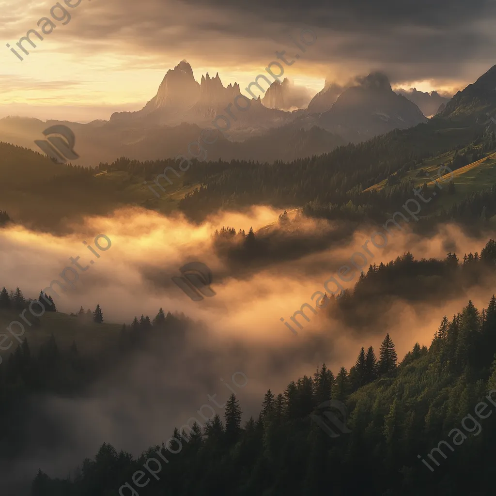 Misty mountains with valleys in fog during sunrise - Image 2