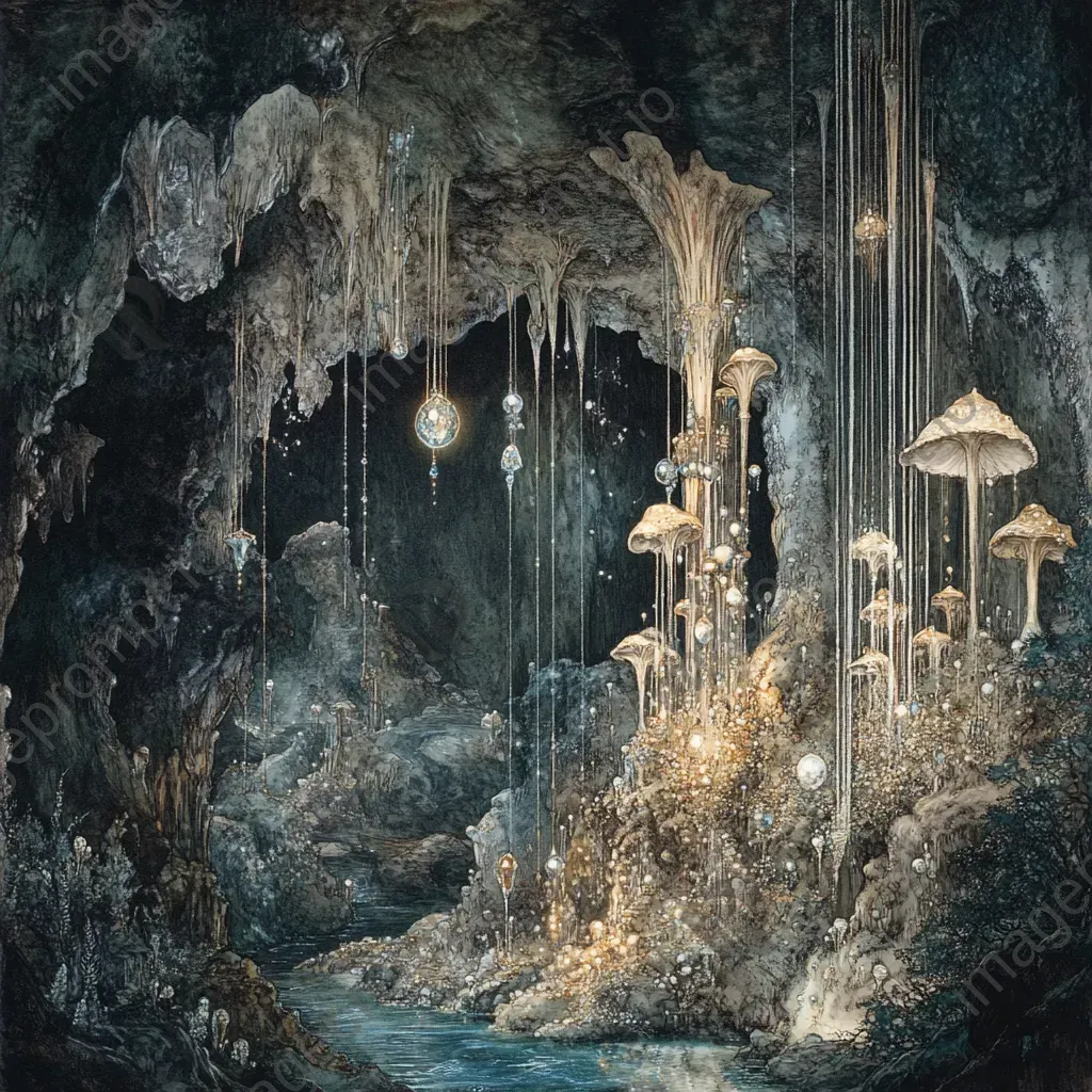 Enchanting cavern with precious gemstone outgrowths forming a hidden palace - Image 1