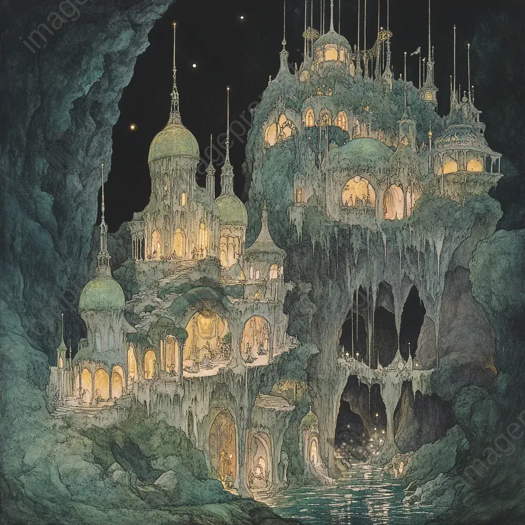 Enchanting cavern with precious gemstone outgrowths forming a hidden palace - Image 2