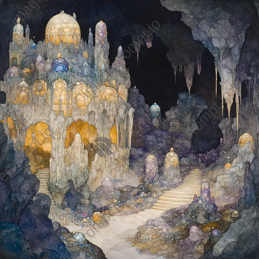 Enchanting cavern with precious gemstone outgrowths forming a hidden palace - Image 3