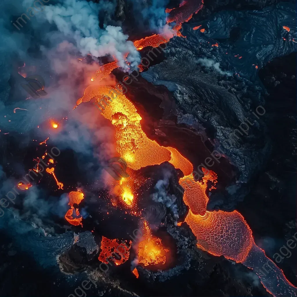 Volcano eruption from above with helicopters filming, aerial view - Image 1