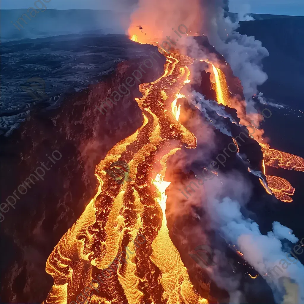 Volcano eruption from above with helicopters filming, aerial view - Image 2