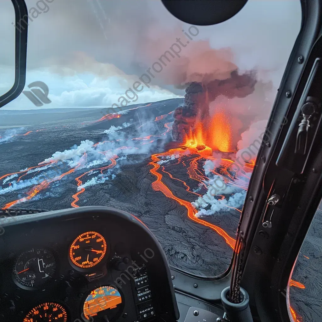 Volcano eruption from above with helicopters filming, aerial view - Image 3