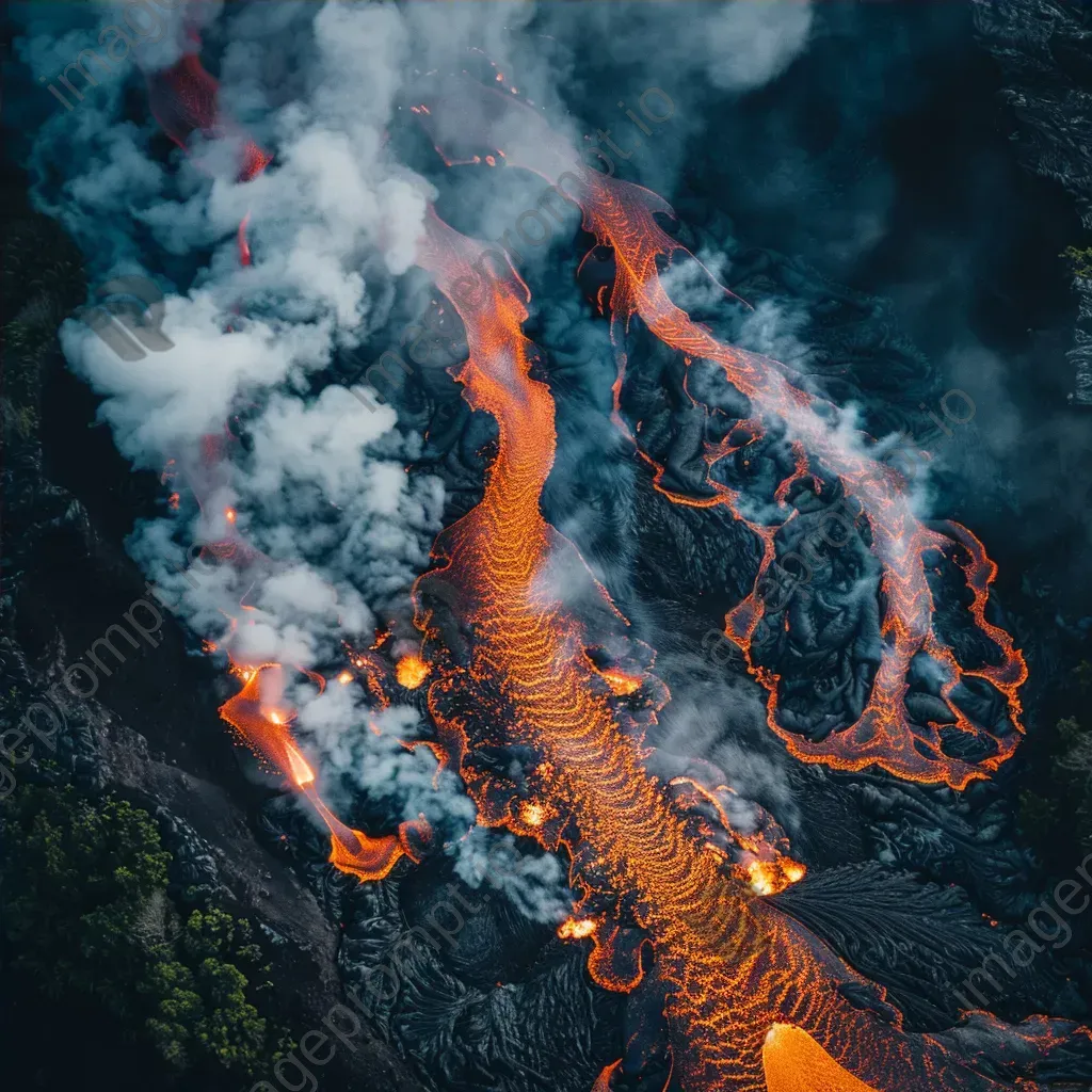 Volcano eruption from above with helicopters filming, aerial view - Image 4