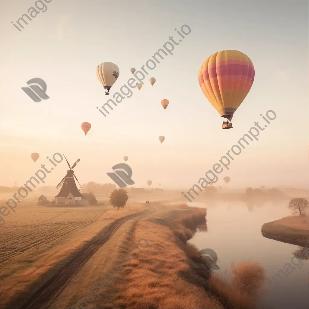 Hot air balloons over a countryside with windmills under a pastel sky - Image 1