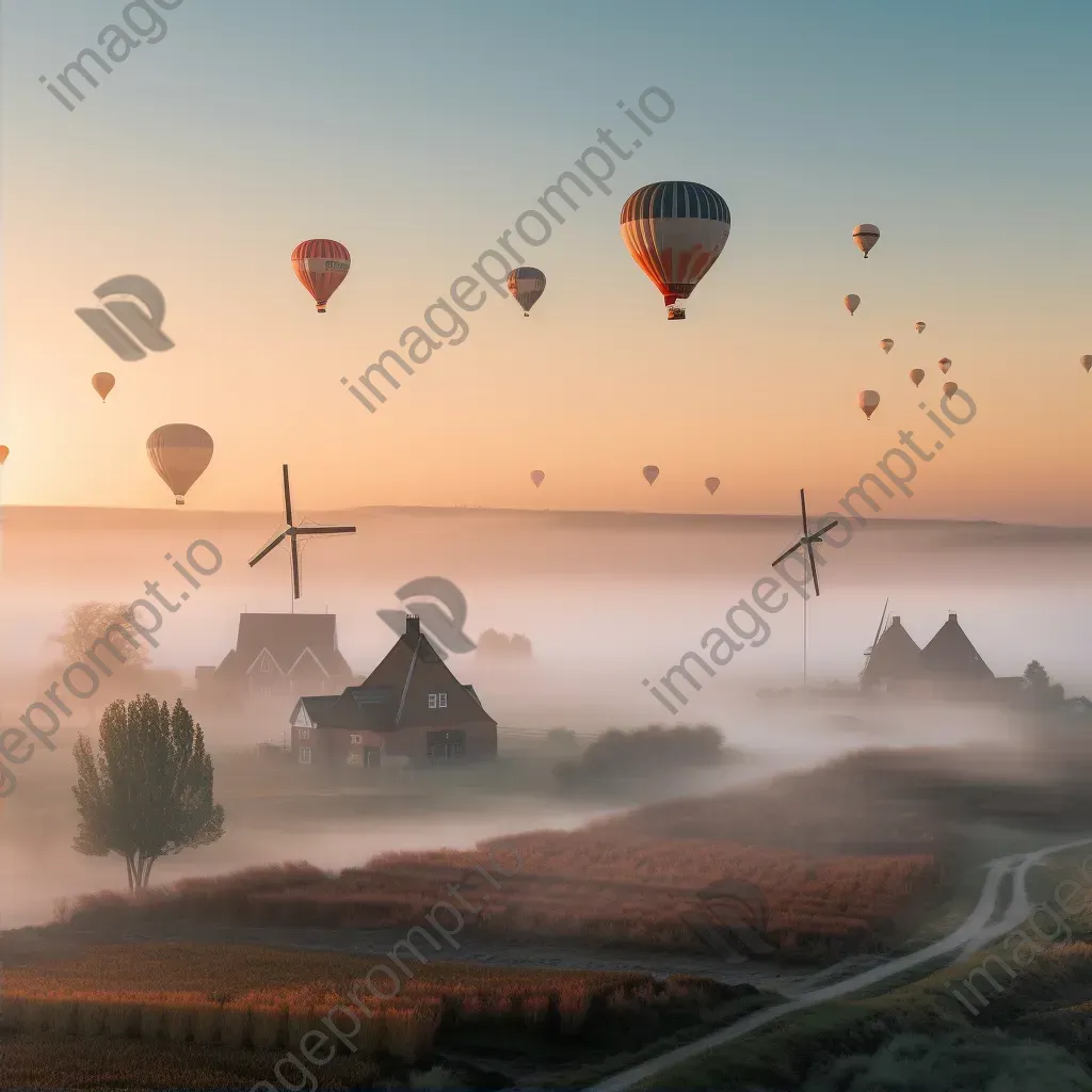 Hot air balloons over a countryside with windmills under a pastel sky - Image 2