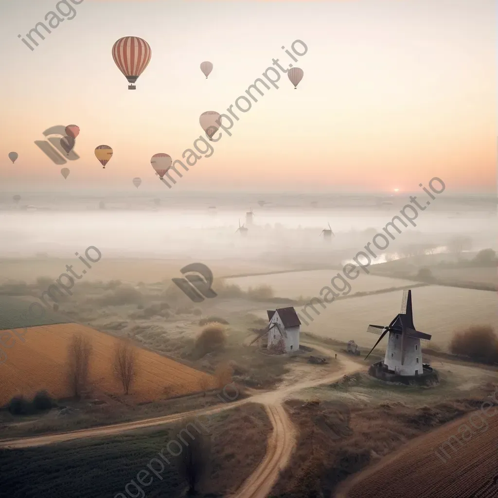 Hot air balloons over a countryside with windmills under a pastel sky - Image 3