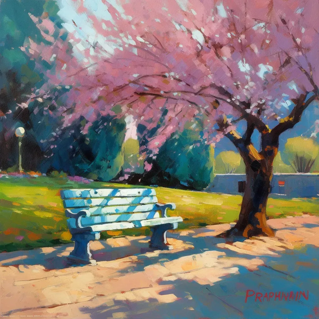 Single bench under a cherry blossom tree in a deserted park during spring in an image generated by a prompt. - Image 1