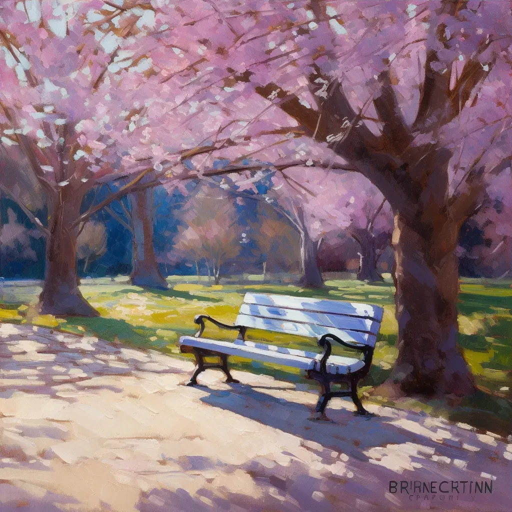 Single bench under a cherry blossom tree in a deserted park during spring in an image generated by a prompt. - Image 3