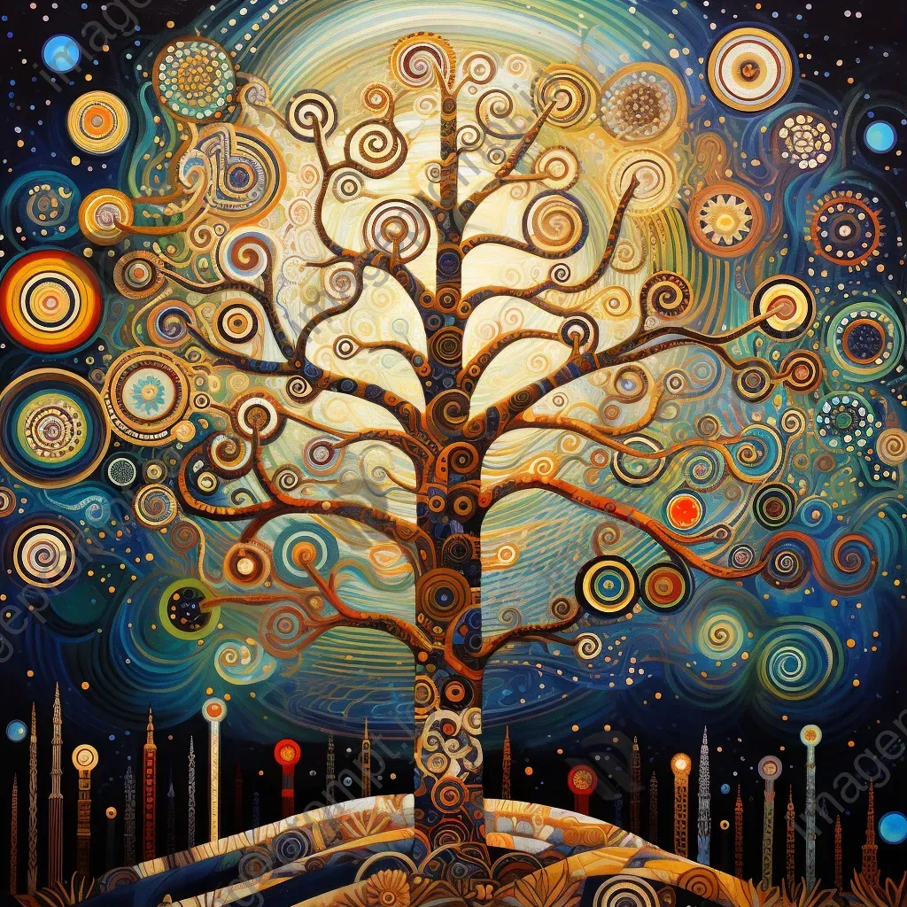 Art deco depiction of a cosmic tree with celestial fruits - Image 1