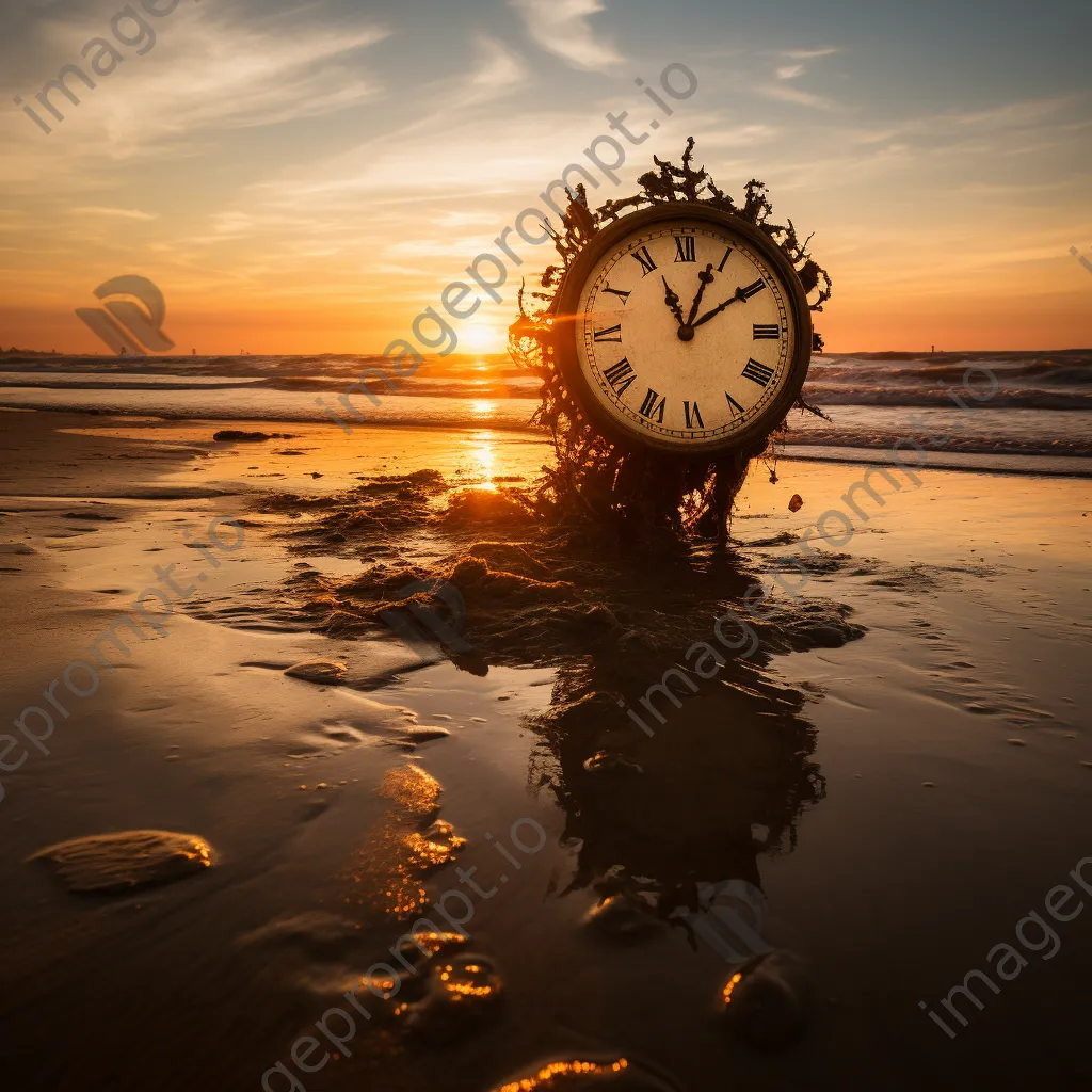 A melting clock draped over a beach at sunset, creating a surreal atmosphere. - Image 1