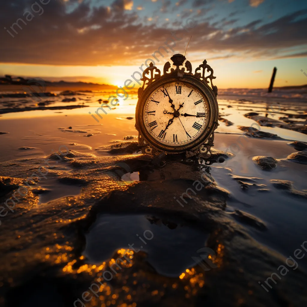 A melting clock draped over a beach at sunset, creating a surreal atmosphere. - Image 2