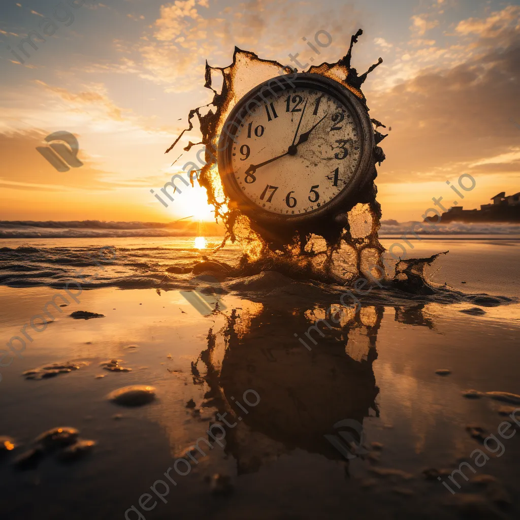 A melting clock draped over a beach at sunset, creating a surreal atmosphere. - Image 3