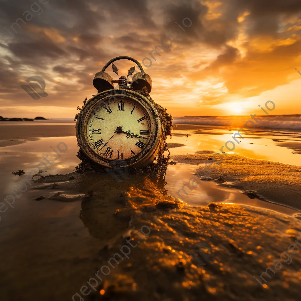 A melting clock draped over a beach at sunset, creating a surreal atmosphere. - Image 4