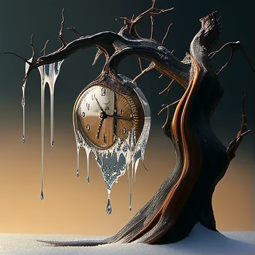 Image of a melting clock delicately placed on a tree branch - Image 1