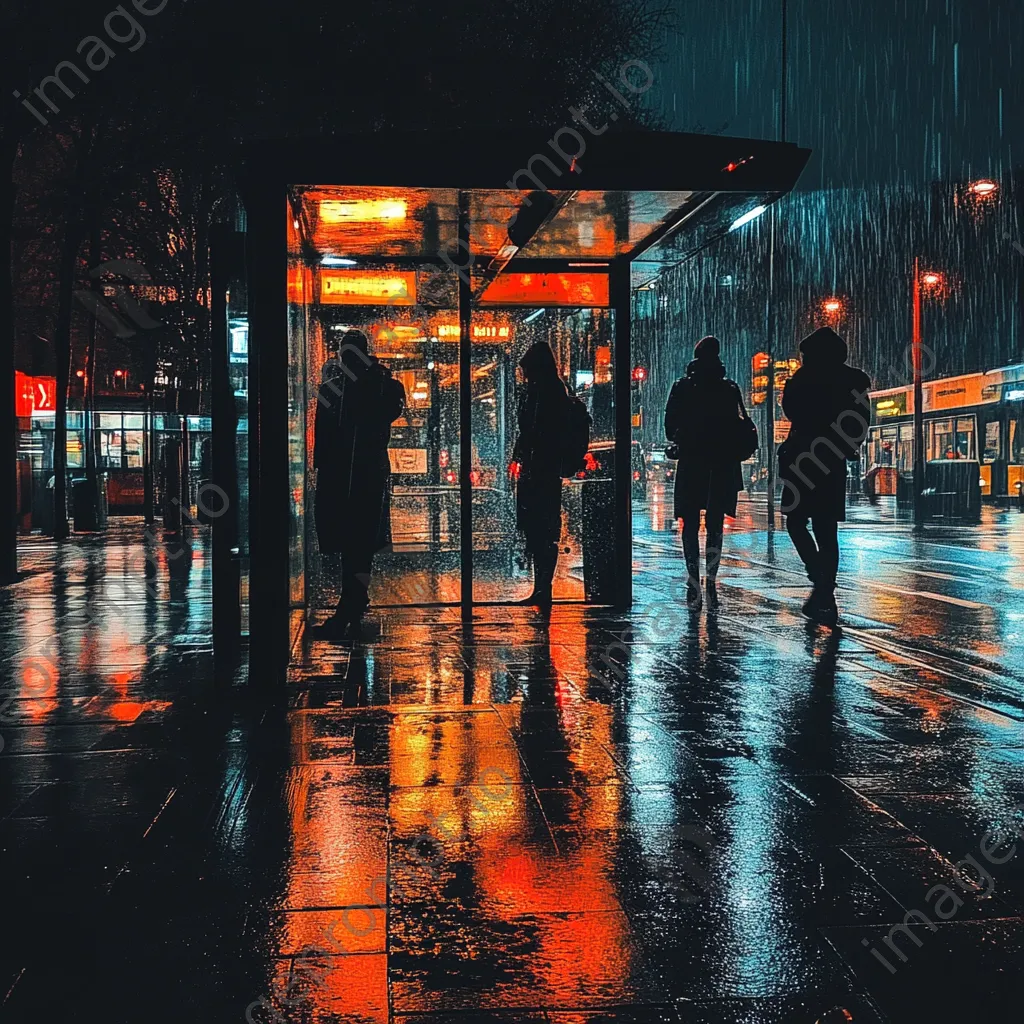 Commuters waiting at a brightly lit bus shelter on a rainy night. - Image 1