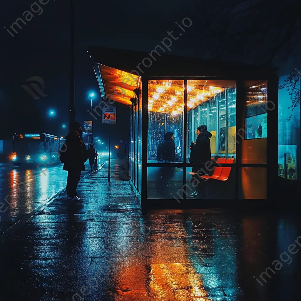 Commuters waiting at a brightly lit bus shelter on a rainy night. - Image 2