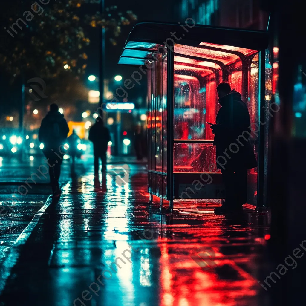 Commuters waiting at a brightly lit bus shelter on a rainy night. - Image 3