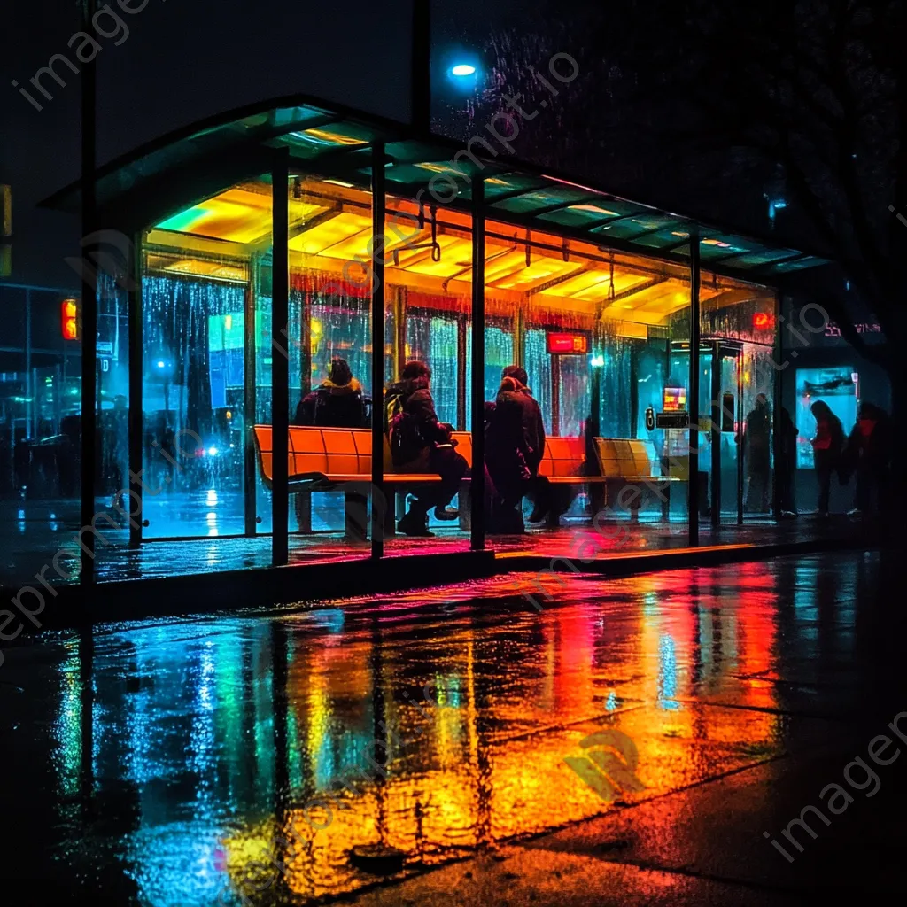 Commuters waiting at a brightly lit bus shelter on a rainy night. - Image 4